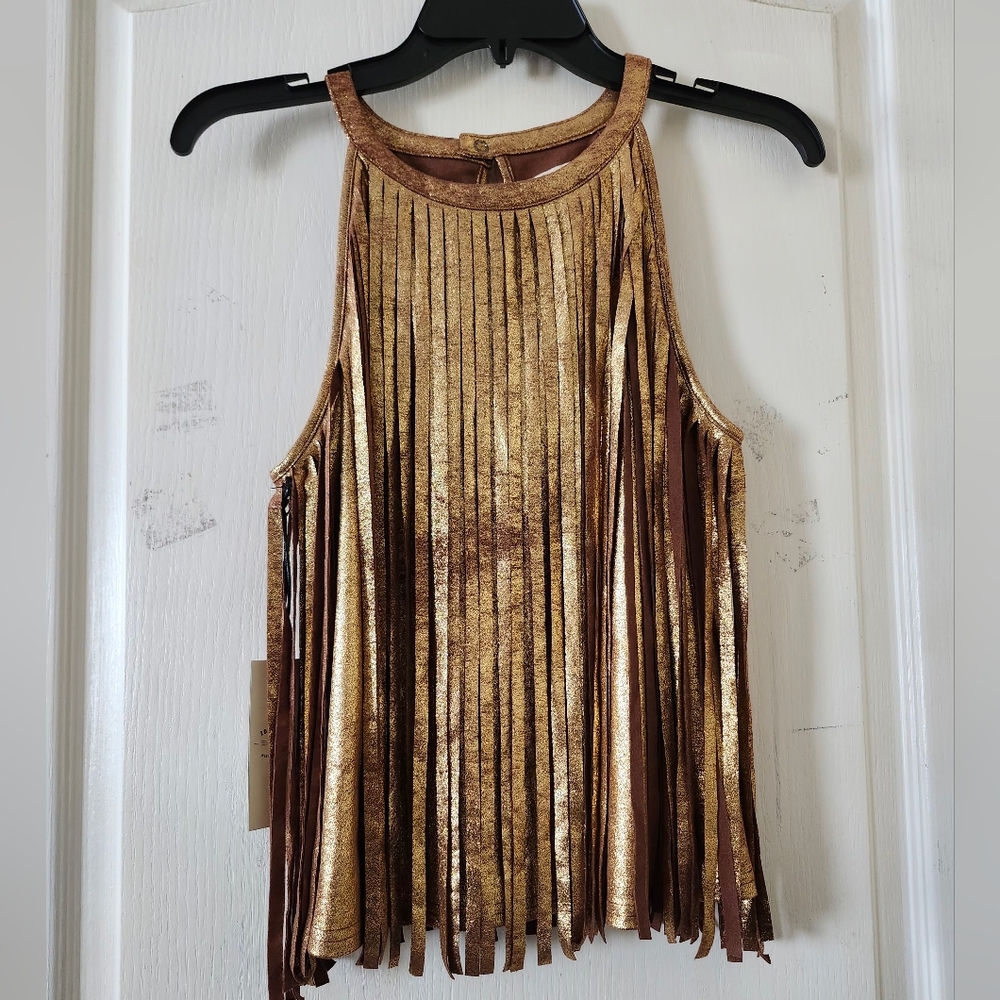 Idyllwind Size XS Fueled By Miranda Lambat Gold Metallic Fringe Halter Camisole.